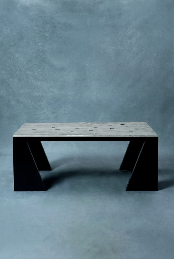 Mesa de centro Plano, em vista frontal, em ambiente editorial, da coleção Massiva, da DONÓ Design.